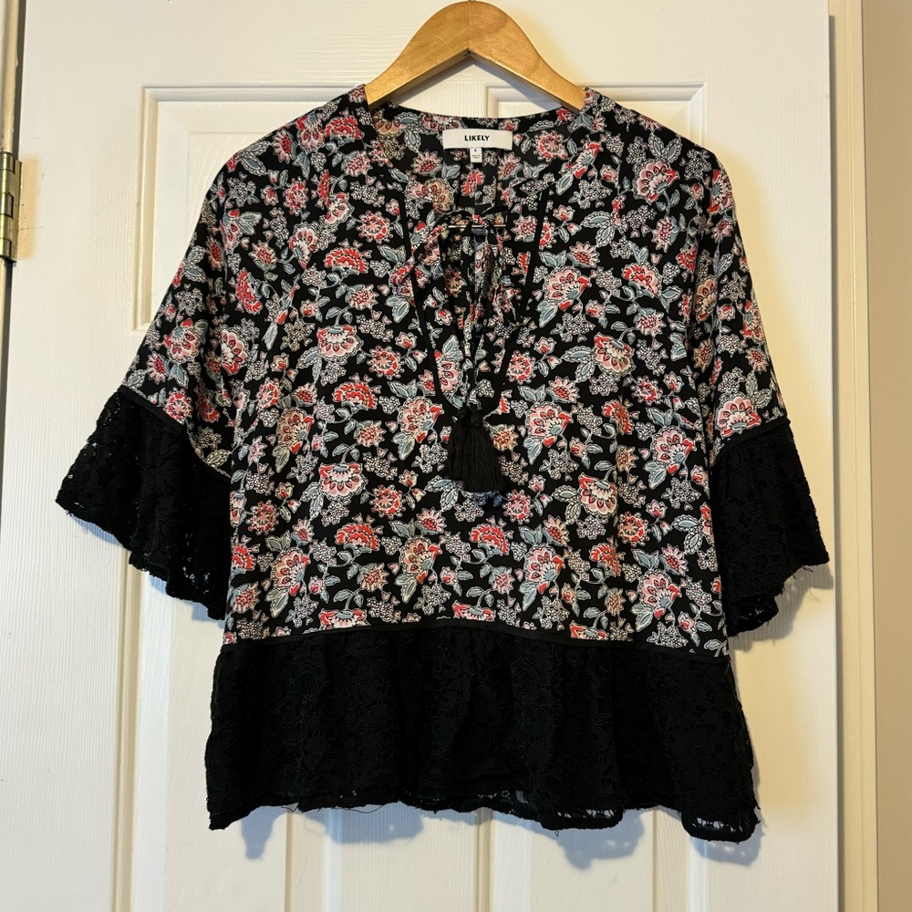 Likely Floral Blouse with Tie Neck and Ruffle Hem | Size 4 | 0280